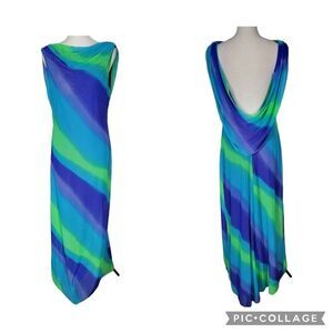 Tadashi Women's Gown Size XL Vintage Drop Back Mesh Blue Green Rare Gown Maxi